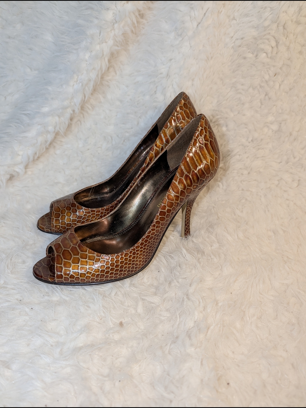 Enzo Angioloni Brown Croc-Embossed Peep Toe High Heels